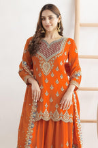 Orange Chinon Silk Plazo Suit For Indian & Pakistani Wedding Festival - Real Mirror Work, Dori Work, Sequins Embroidery Work - close-up view
