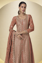 Dusty Rose Embroidered Long Kameez with Plazo in Simmer Silk - close-up view