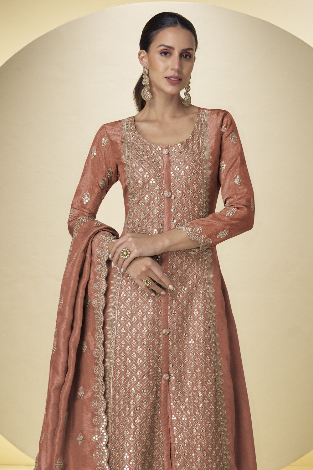 Dusty Rose Embroidered Long Kameez with Plazo in Simmer Silk - close-up view