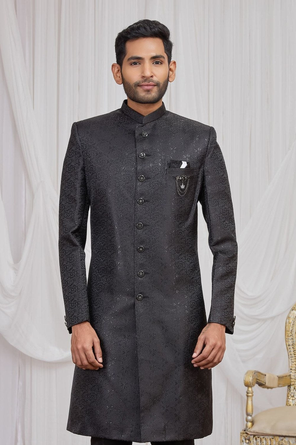 Black Jacquard Sherwani with Weaving Work - Kurta Mens Wear & Pajama - close-up view