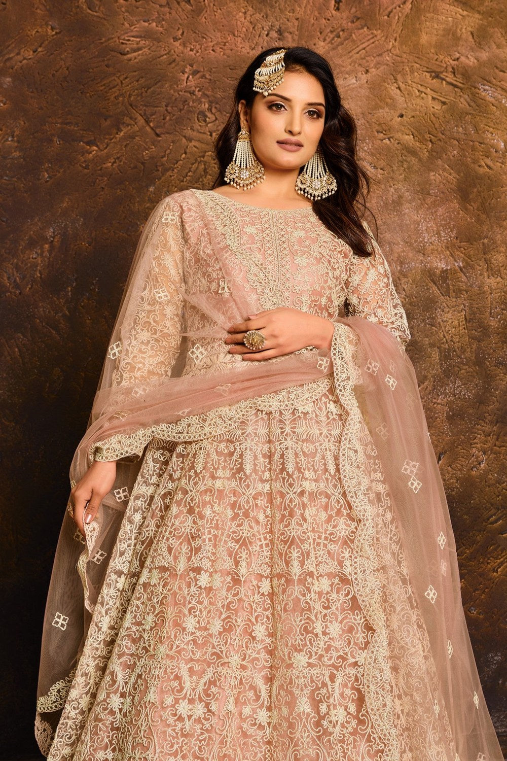 Rose Net Embroidery Anarkali Sangeet Outfits for Women - close-up view