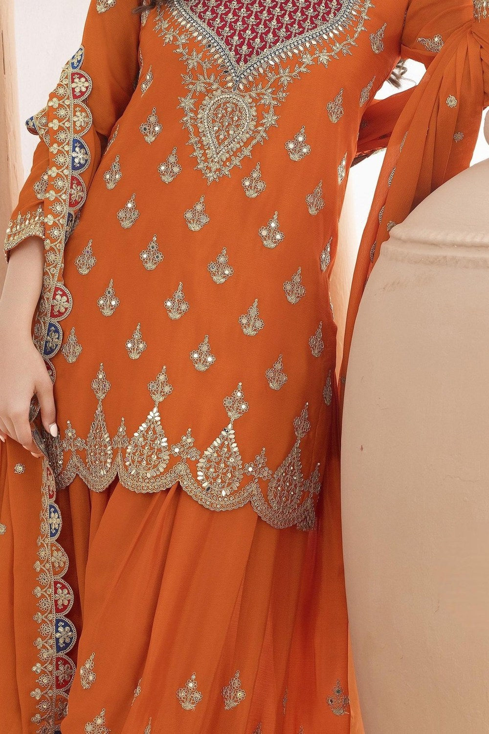 Orange Chinon Silk Plazo Suit For Indian & Pakistani Wedding Festival - Real Mirror Work, Dori Work, Sequins Embroidery Work - hem and footwear detail