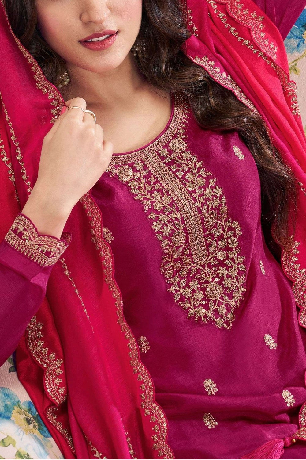 Pink Silk Georgette Festive Wear Clothes Plazo Suit - Embroidery Work - hem and footwear detail
