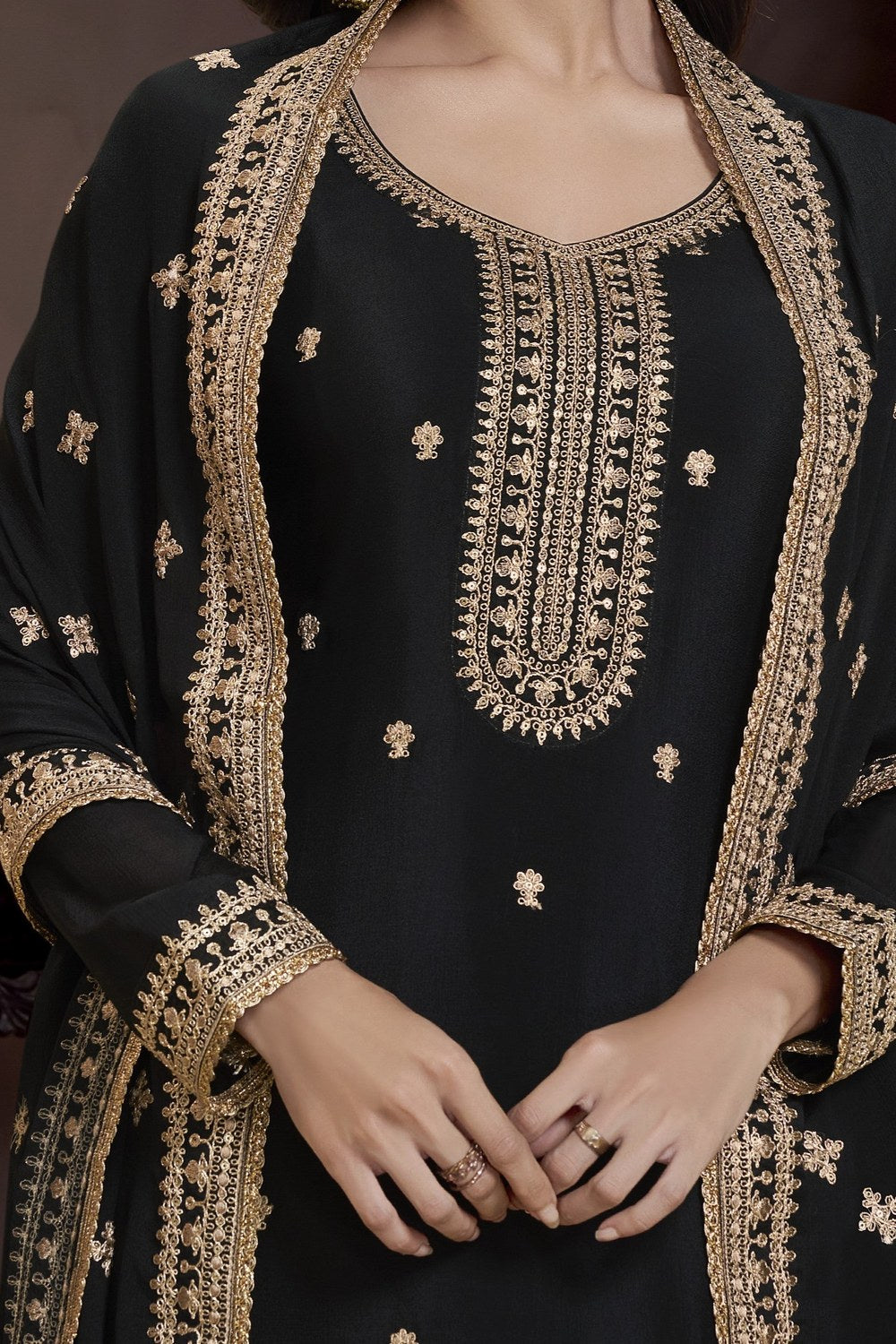 Black Chinon Silk Palazzo Suit For Indian Wedding & Pakistani Festival - Embroidery Work - hem and footwear detail