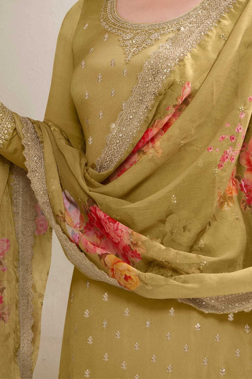 Olive Chinon Silk Palazzo Suit For Indian Festivals & Pakistani Plazo Weddings Dress - Embroidery Work, Print Work - hem and footwear detail
