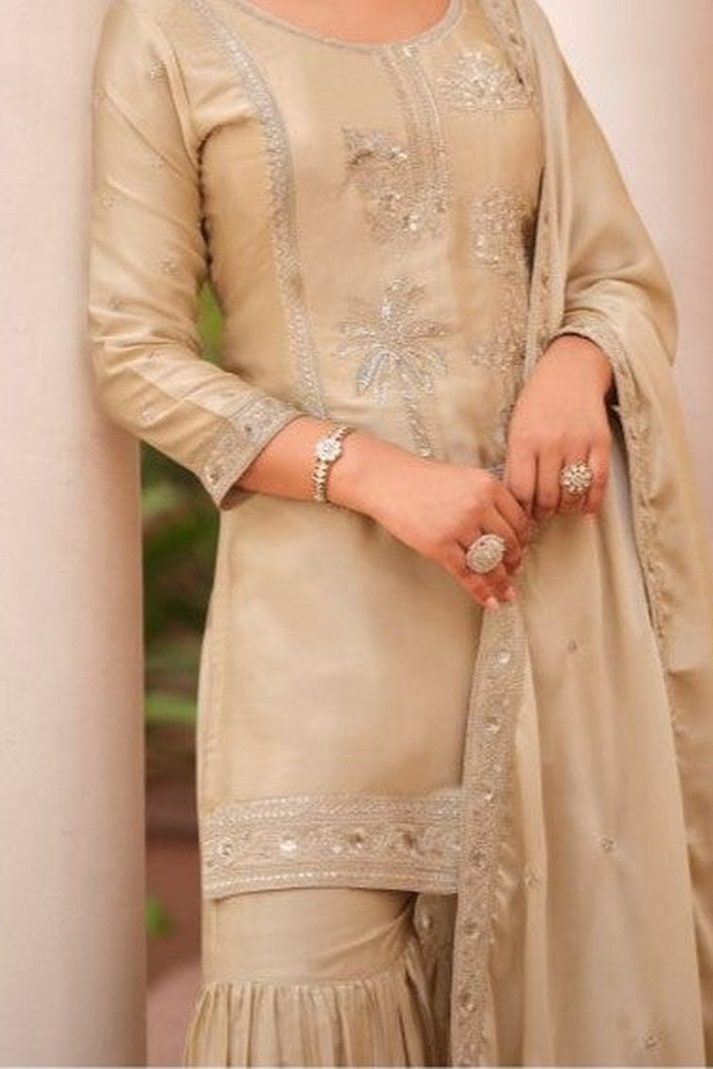Beige Satin Silk Embroidered Sharara Clothes - hem and footwear detail