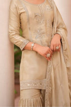 Beige Satin Silk Embroidered Sharara Clothes - hem and footwear detail