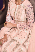 Peach Georgette Kameez With Pant For Ladies Indian Festivals & Weddings - Thread Embroidery Work, Zari Work - hem and footwear detail