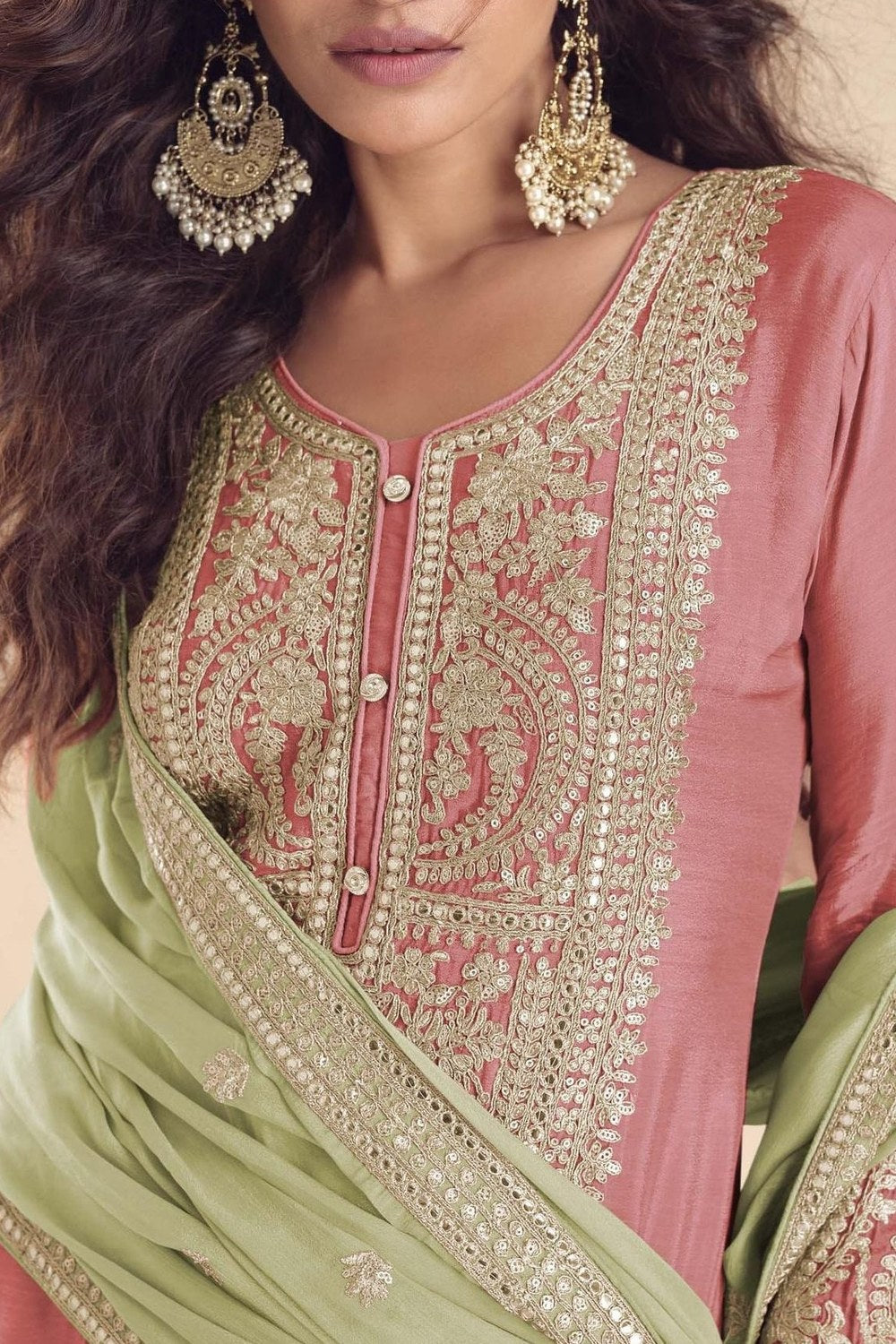 Pink Designer Plazo Suit in Chinon Silk with Dori Embroidery Work - hem and footwear detail