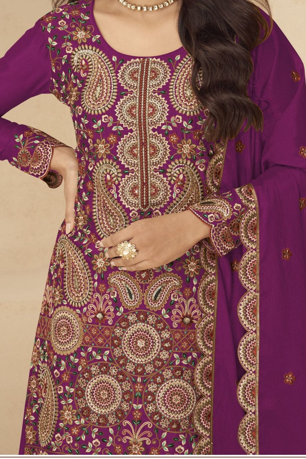 Plum Chinon Silk Plazo Suit for Women with Thread & Sequins Embroidery - hem and footwear detail