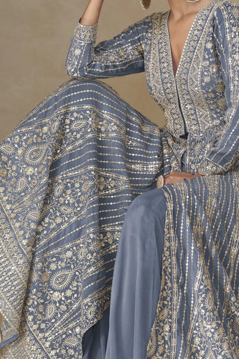 Bluish Grey Chinon Silk Anarkali Suit With Palazzo For Indian & Pakistani Wedding Festival - Sequins & Thread Embroidery Work - hem and footwear detail