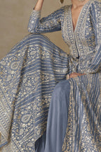Bluish Grey Chinon Silk Anarkali Suit With Palazzo For Indian & Pakistani Wedding Festival - Sequins & Thread Embroidery Work - hem and footwear detail