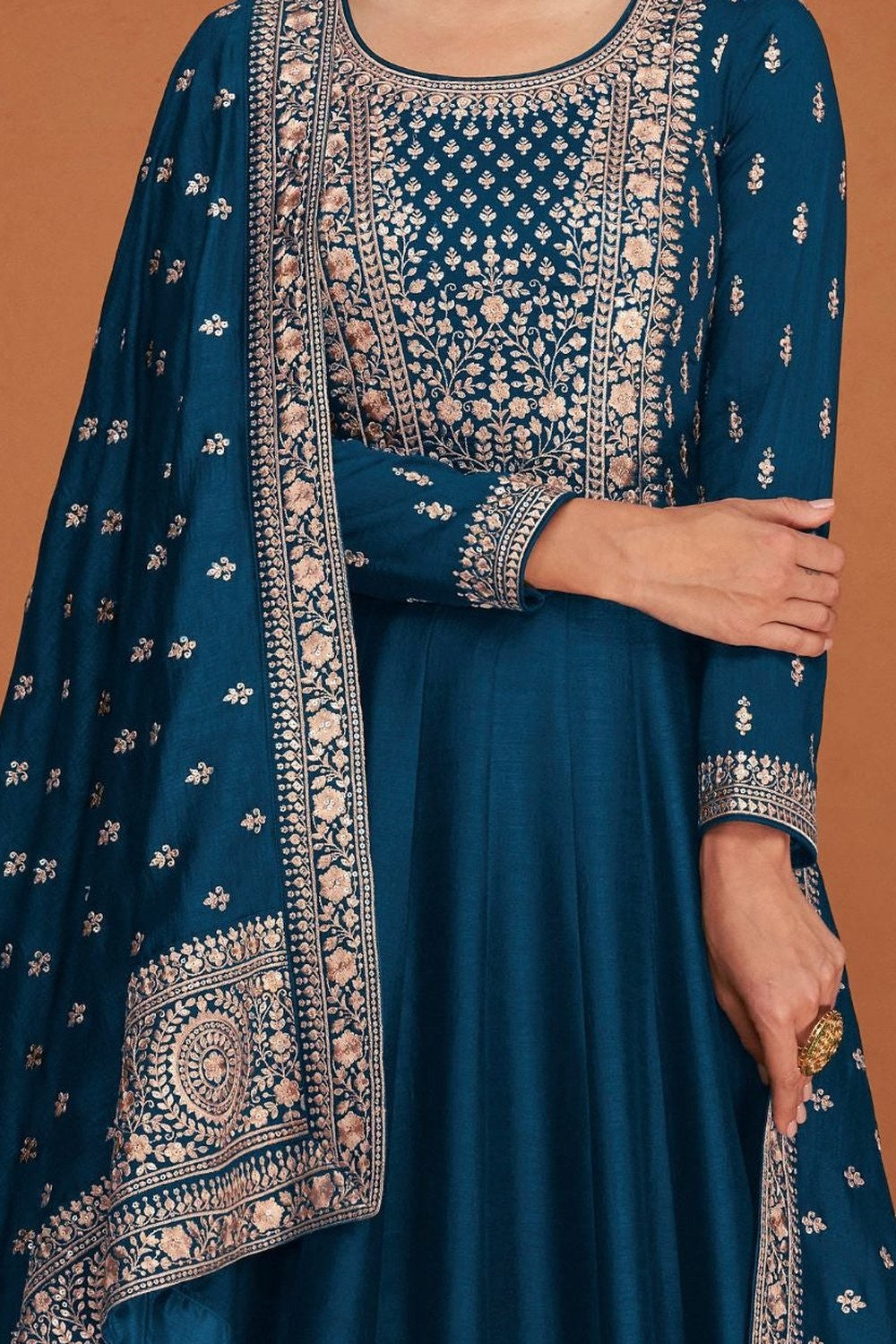 Teal Chinon Silk Anarkali Suit for Indian Wedding Guest Outfits - Thread Embroidery Work RTS - hem and footwear detail