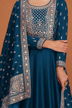 Teal Chinon Silk Anarkali Suit for Indian Wedding Guest Outfits - Thread Embroidery Work RTS - hem and footwear detail