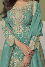 Sky Blue Simmer Silk Kameez With Sharara Suit For Indian & Pakistani Wedding Festival - Embroidery Work - hem and footwear detail