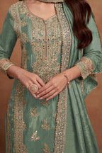 Dusty Green Simar Silk Plazo Suit For Indian Festivals & Weddings - Embroidery Work - hem and footwear detail