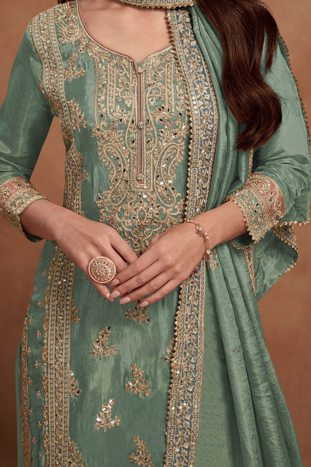 Dusty Green Simar Silk Plazo Suit For Indian Festivals & Weddings - Embroidery Work - hem and footwear detail