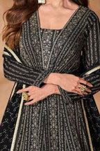 Black Georgette Anarkali Suit For Indian & Pakistani Wedding Festival - Embroidery Work - hem and footwear detail