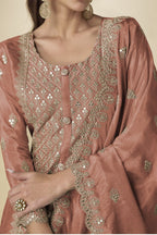 Dusty Rose Embroidered Long Kameez with Plazo in Simmer Silk - hem and footwear detail