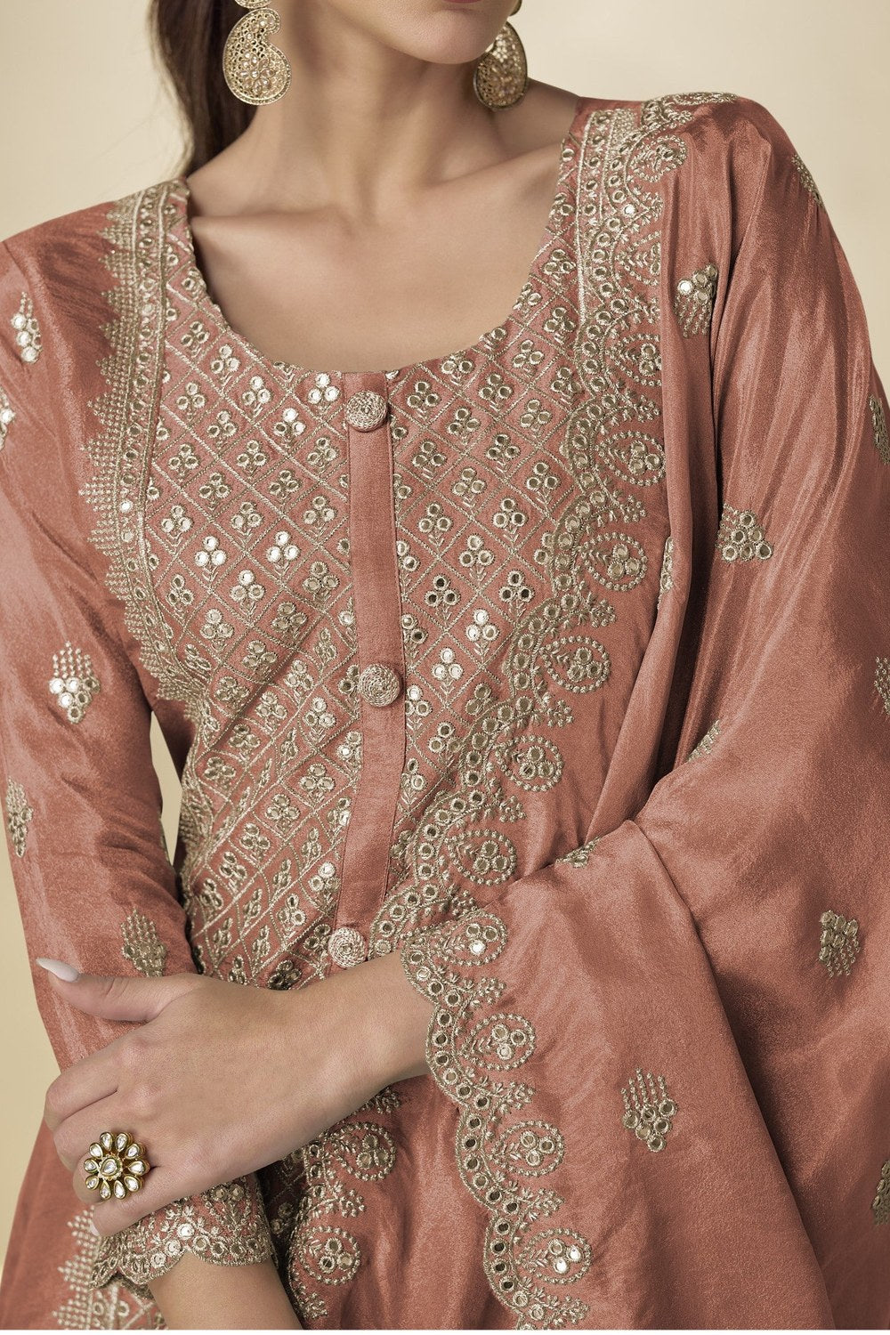 Dusty Rose Embroidered Long Kameez with Plazo in Simmer Silk - hem and footwear detail