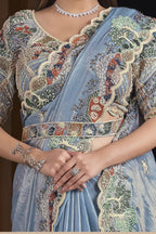 Steel Blue Satin Saree for Wedding Guest with Sequins & Pearl Handwork - hem and footwear detail