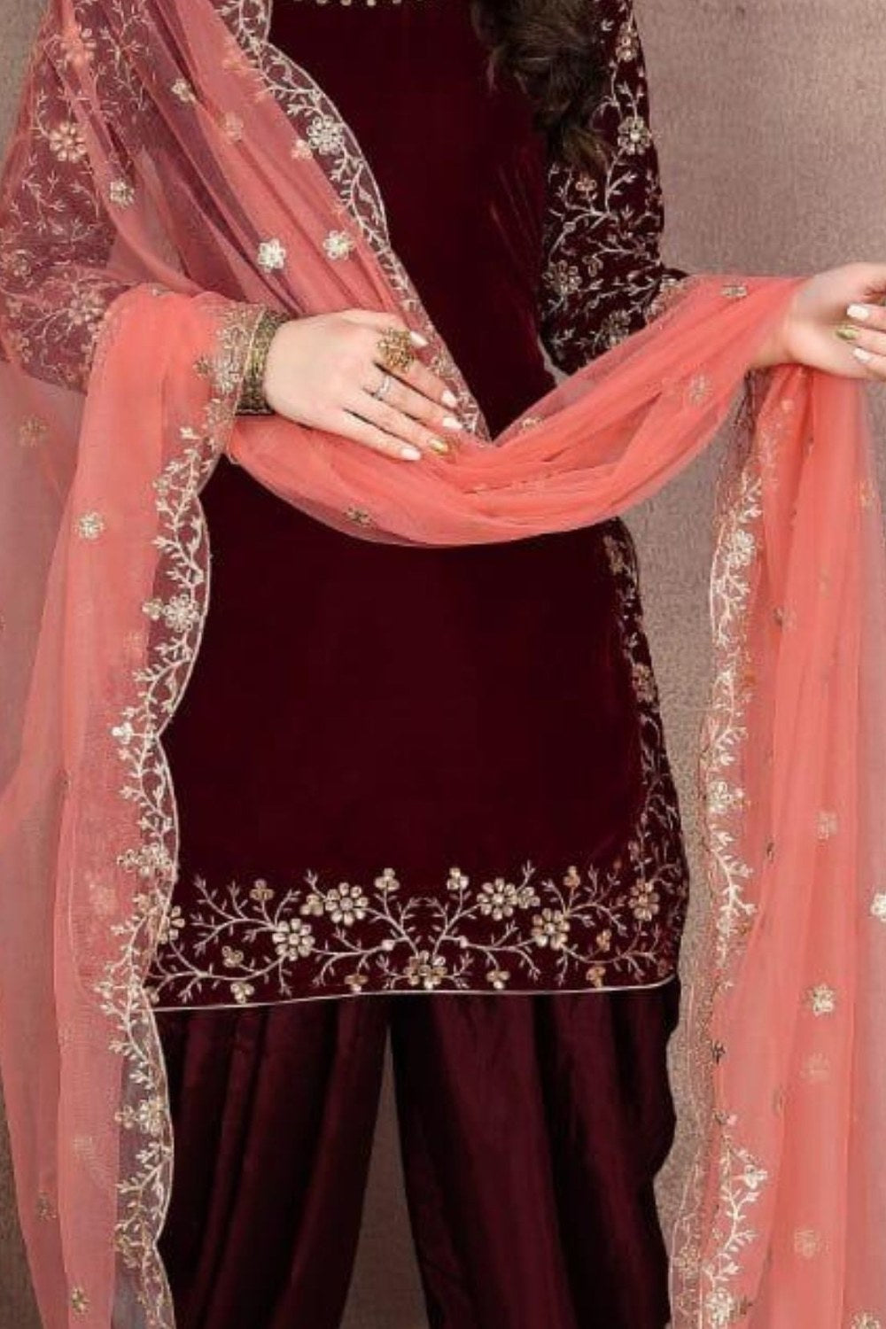 Maroon Velvet Punjabi Patiyala Suit For Indian Festivals For Indian Festivals & Weddings - Embroidery Work - detail view
