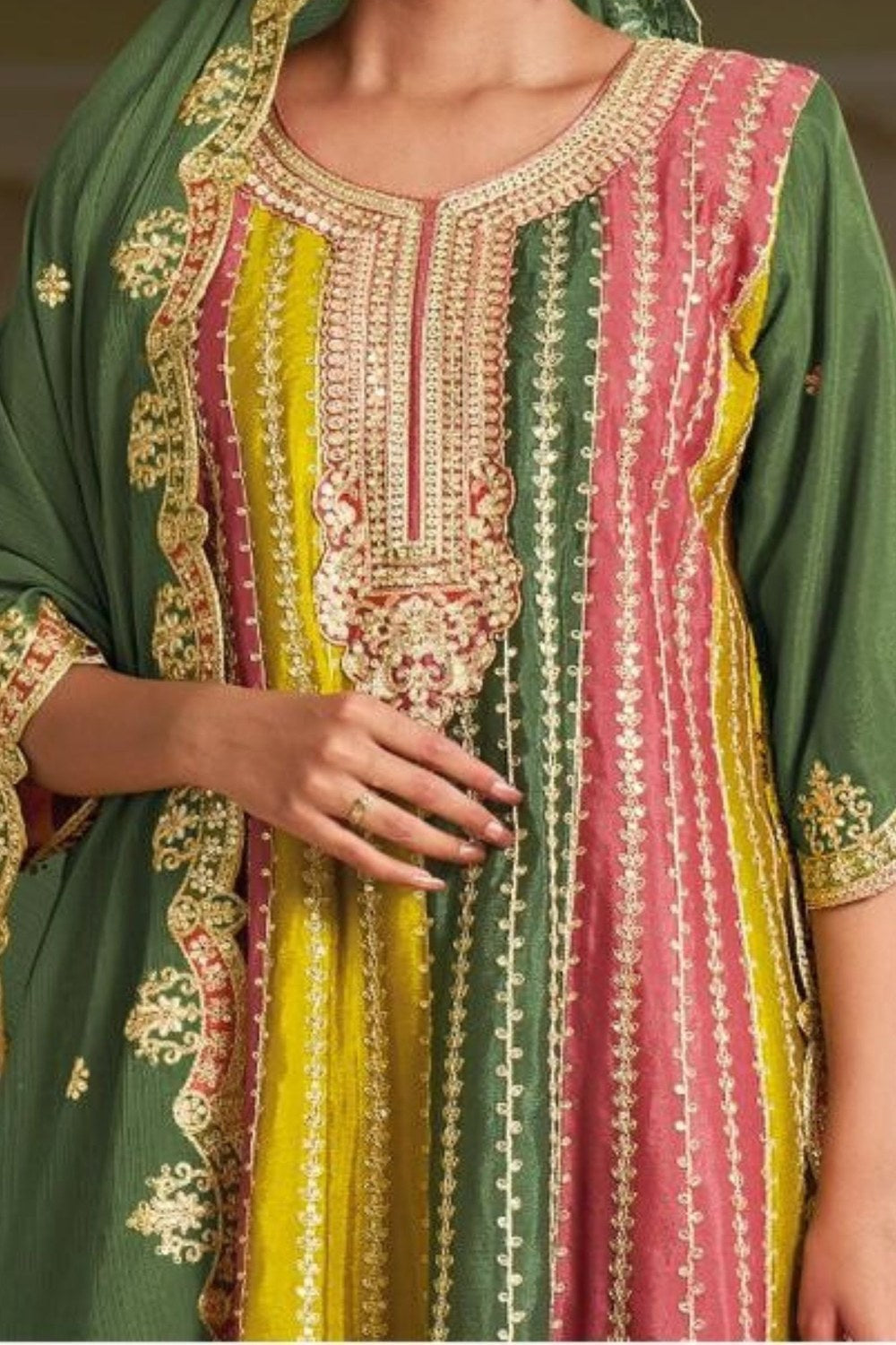 Multicolor Chinon Silk Plazo For Indian Festivals & Weddings - Embroidery Work - hem and footwear detail