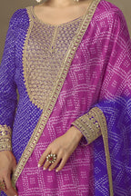 Purple Chinon Silk Anarkali with Bandhani Dupatta - Sequins Work - hem and footwear detail