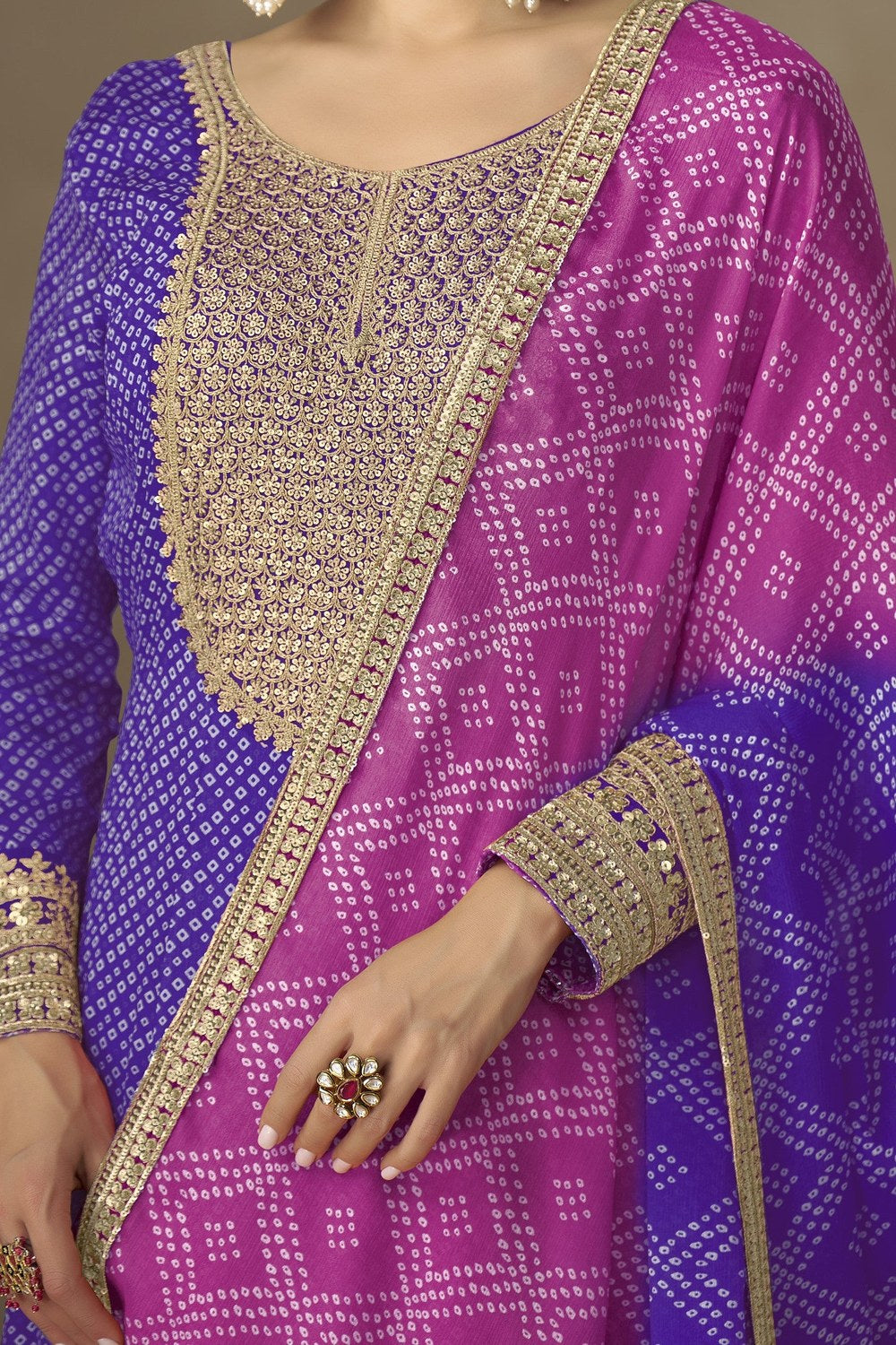 Purple Chinon Silk Anarkali with Bandhani Dupatta - Sequins Work - hem and footwear detail