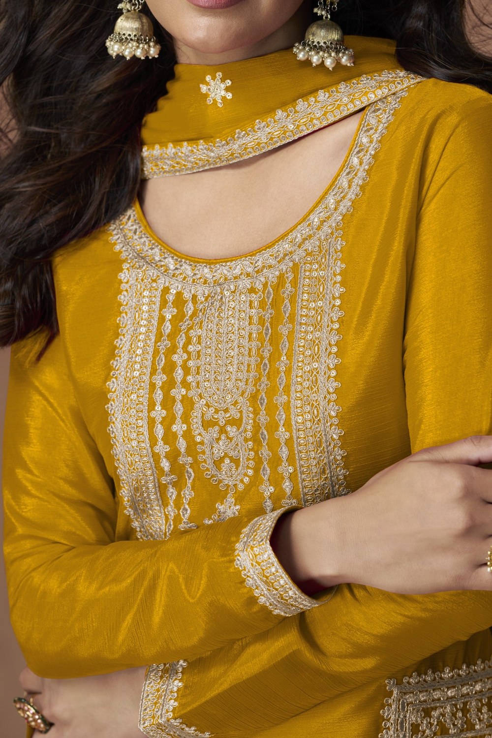 Yellow Chinon Silk Plazo Suit For Indian & Pakistani Wedding Festival - Embroidery Work - hem and footwear detail