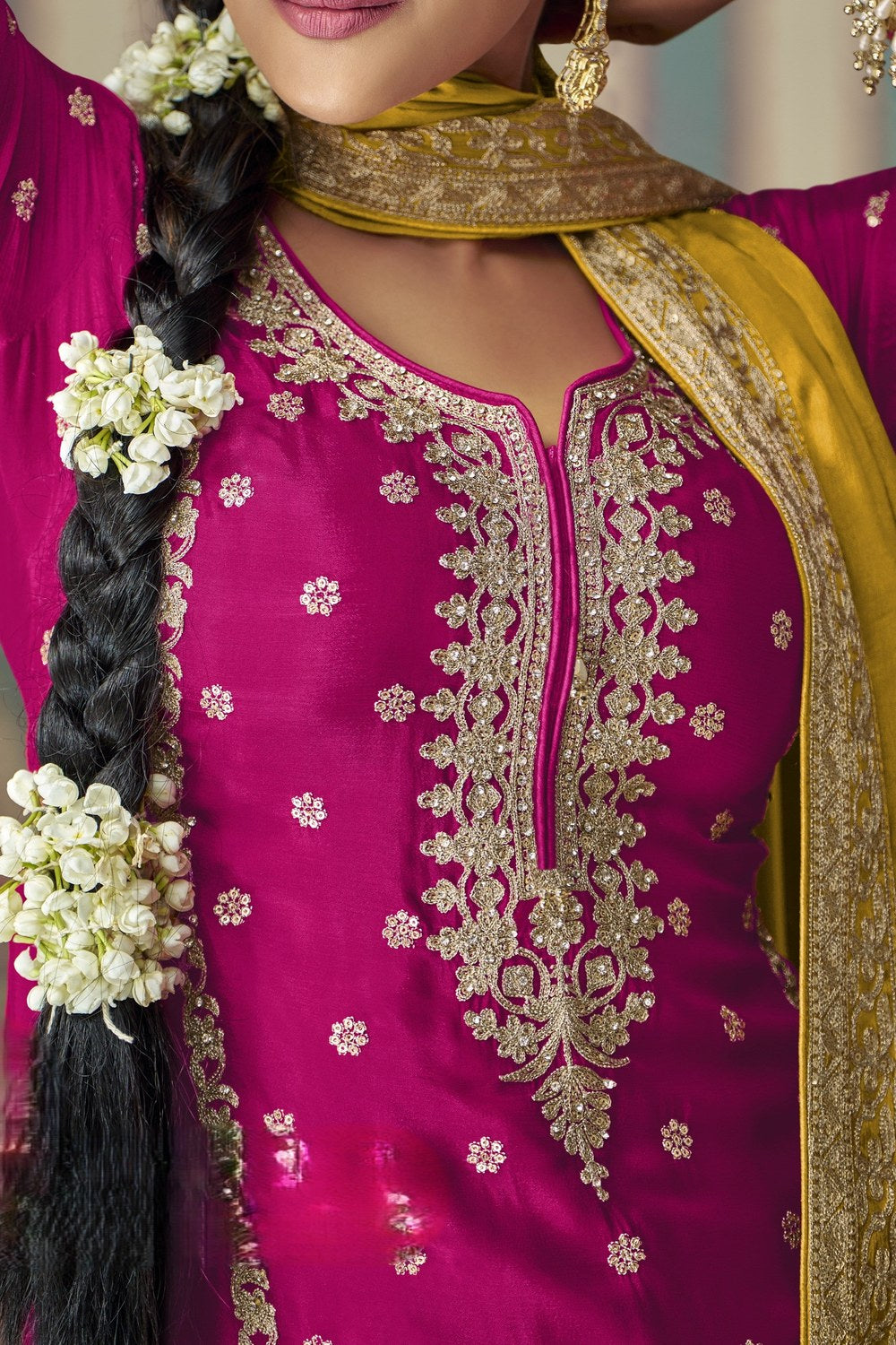 Pink Chinon Silk Plazo Suit For Indian Weddings & Pakistani Festival - Embroidery Work, Mirror Work - hem and footwear detail