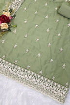 Olive Green Organza Silk Kameez With Pant For Indian & Pakistani Wedding Festival - Embroidery Work - hem and footwear detail