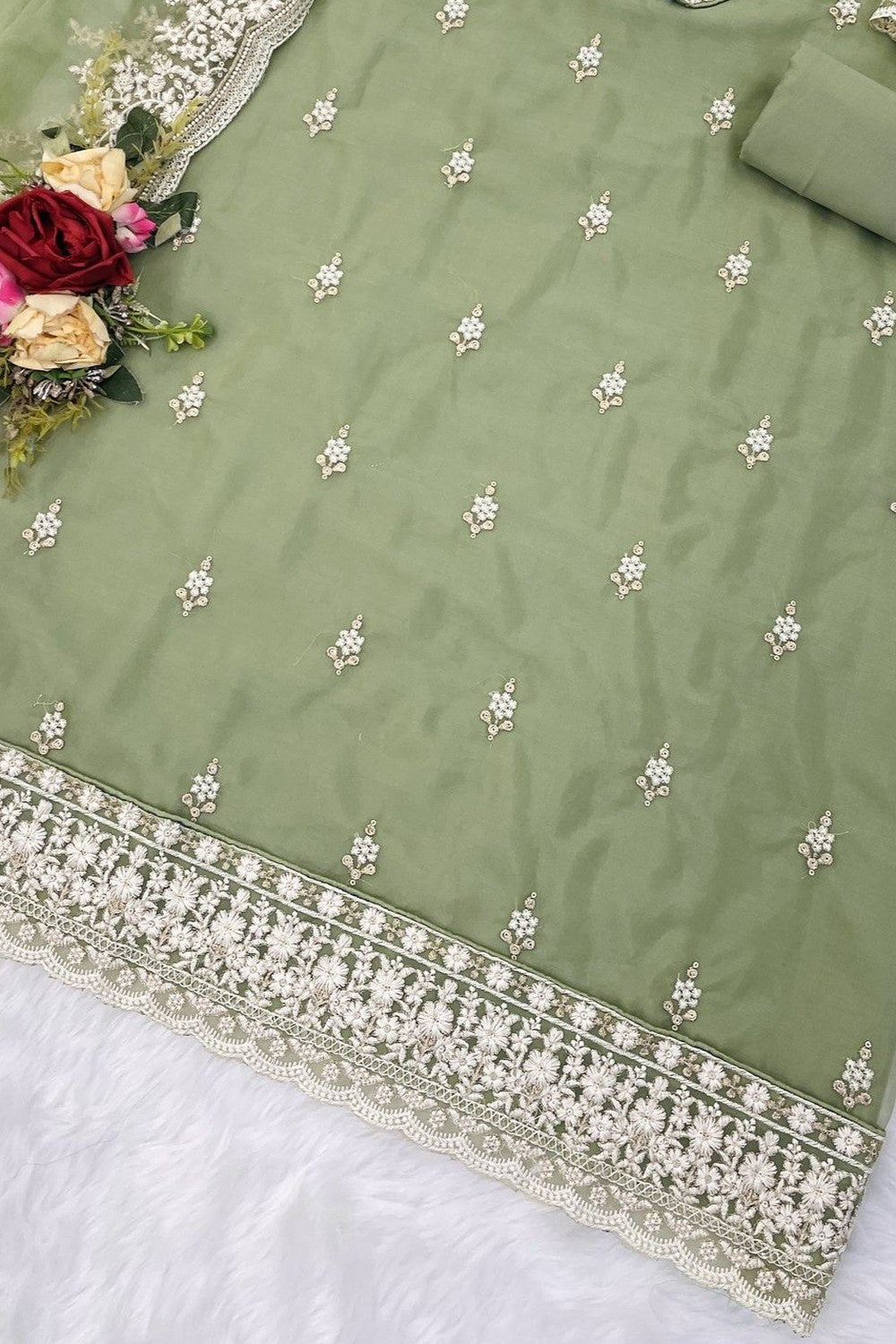 Olive Green Organza Silk Kameez With Pant For Indian & Pakistani Wedding Festival - Embroidery Work - hem and footwear detail