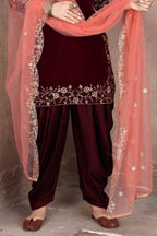 Maroon Velvet Punjabi Patiyala Suit For Indian Festivals For Indian Festivals & Weddings - Embroidery Work - hem and footwear detail