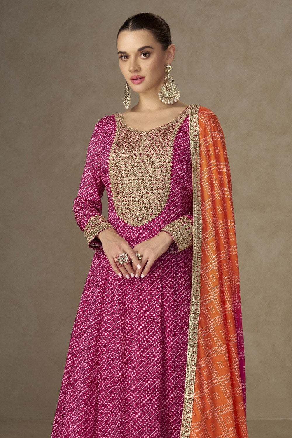 Pink Chinon Silk Anarkali with Bandhani Dupatta and Sequins Work - close-up view