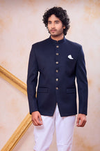 Navy Blue Art Silk Plain Jodhpuri Suit For Men & Pant - close-up view