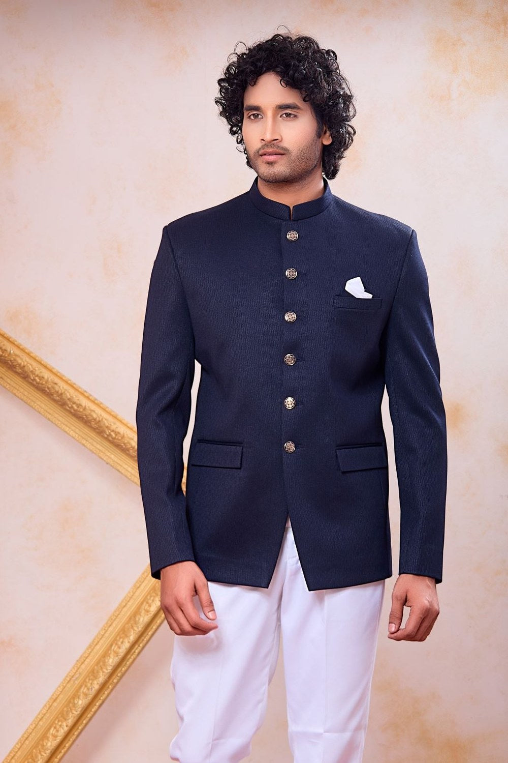 Navy Blue Art Silk Plain Jodhpuri Suit For Men & Pant - close-up view