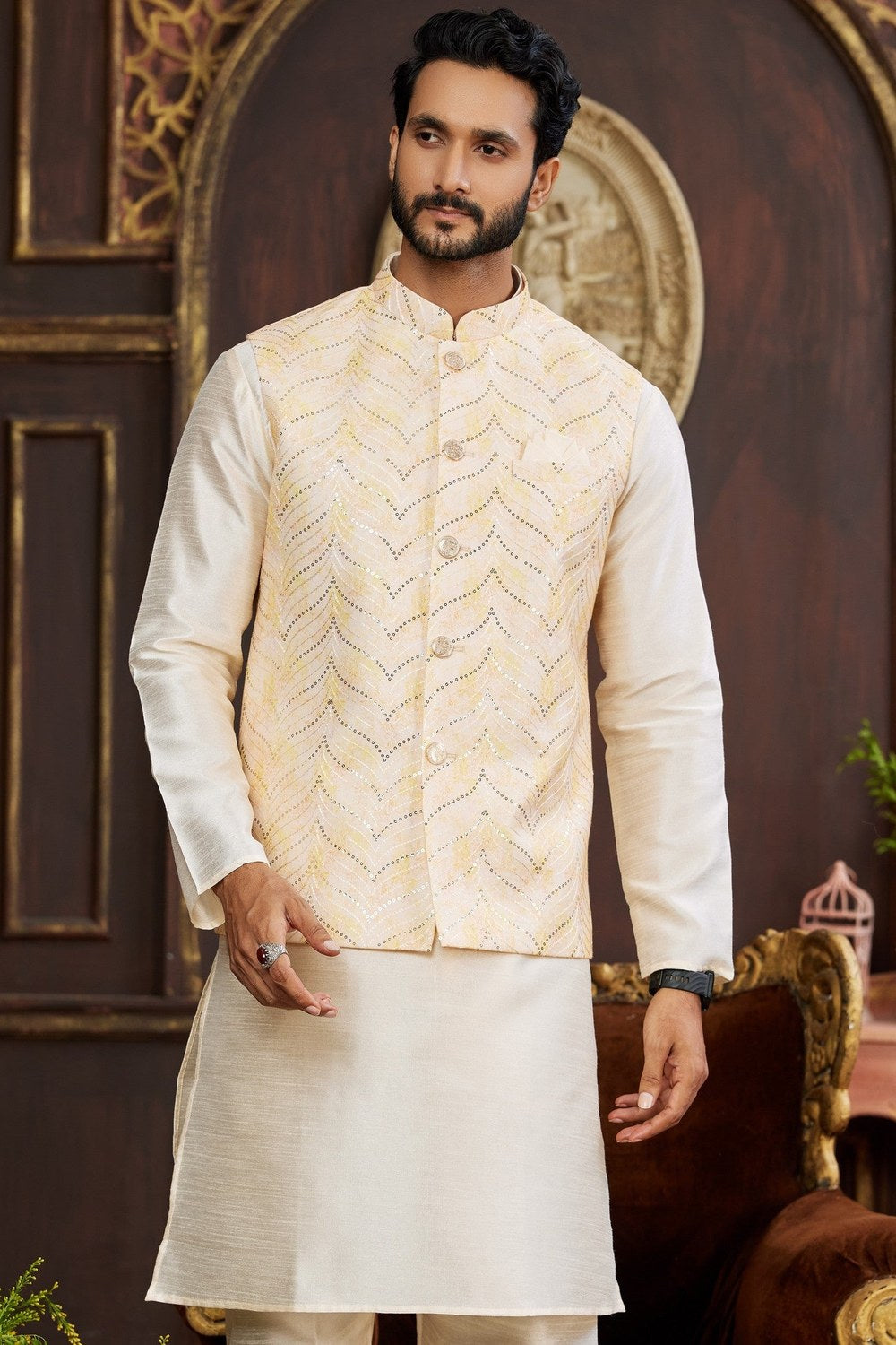 Cream Art Silk Kurta Pajama & Waistcoat Jacket for Men for Festival & Wedding - Print Work - close-up view