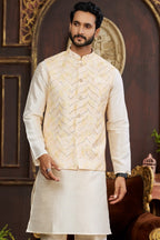 Cream Art Silk Kurta Pajama & Waistcoat Jacket for Men for Festival & Wedding - Print Work - close-up view