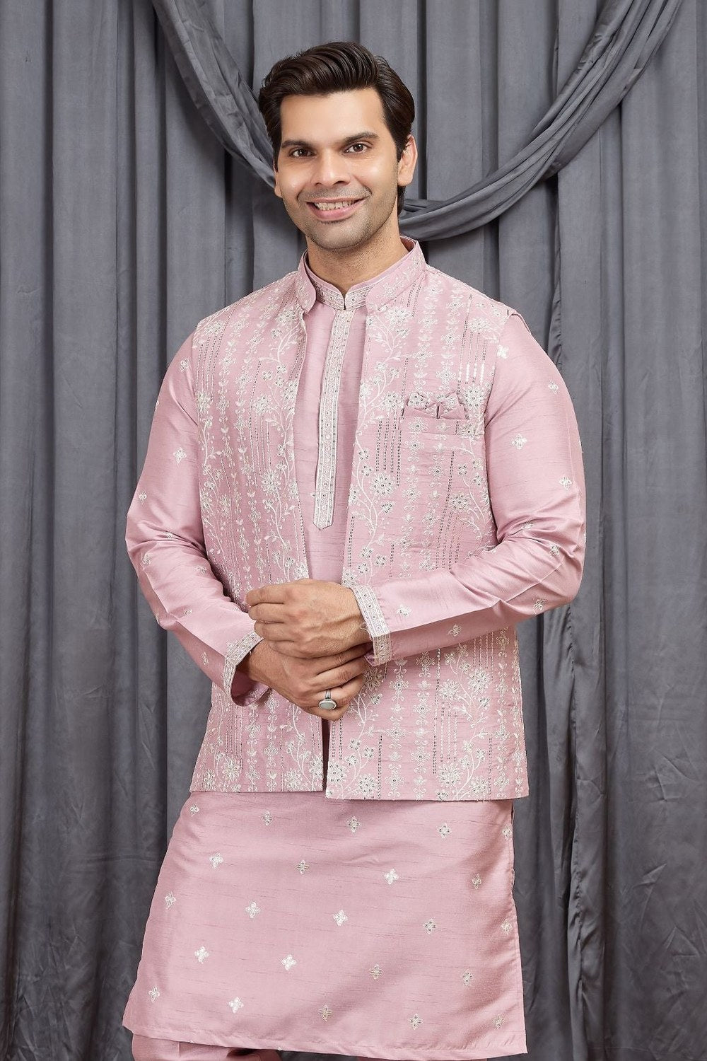 Pink Art Silk Mens Kurta for Wedding & Pajama with Embroidered Jacket - close-up view