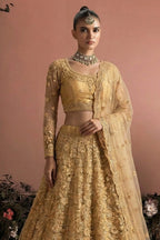Gold Net Lehenga Choli For Indian & Pakistani Wedding Festival - Embroidery Work - close-up view