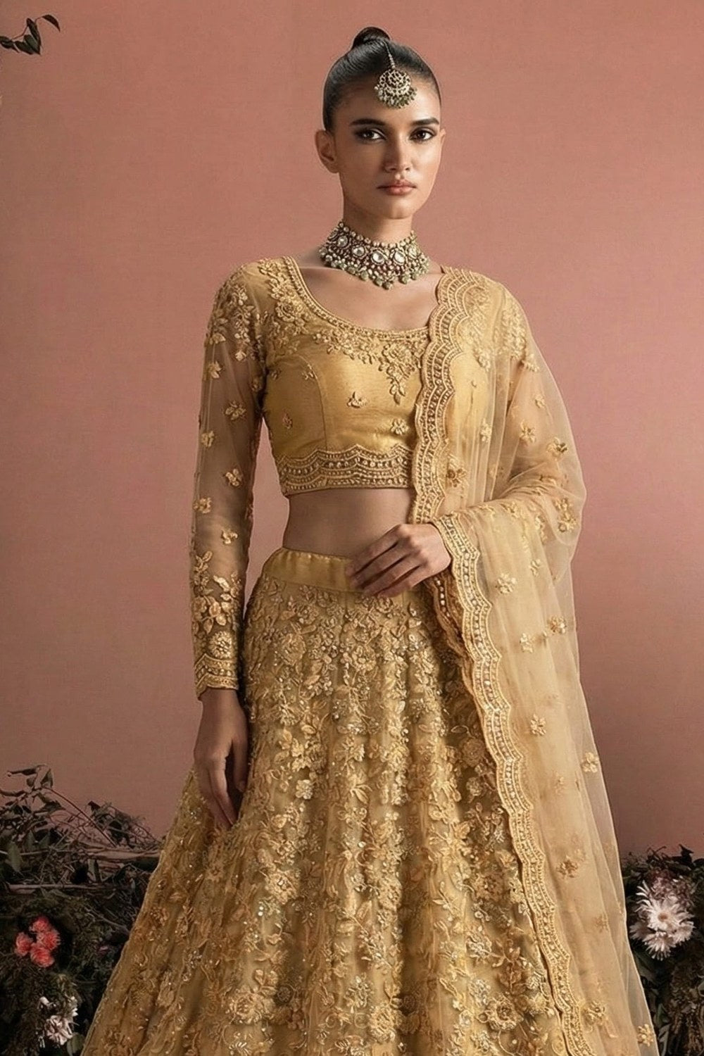 Gold Net Lehenga Choli For Indian & Pakistani Wedding Festival - Embroidery Work - close-up view