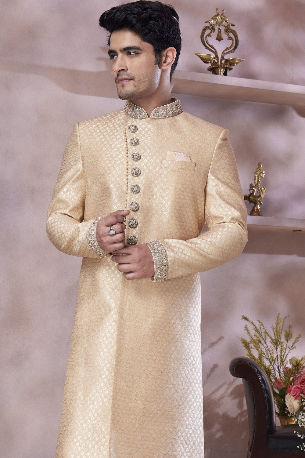 Beige Banarasi Silk Indo Western Traditional Sherwani Long Kurta & Pant Suit for Men for Wedding - Jacquard Work, Embroidery Work - close-up view