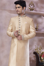 Beige Banarasi Silk Indo Western Traditional Sherwani Long Kurta & Pant Suit for Men for Wedding - Jacquard Work, Embroidery Work - close-up view