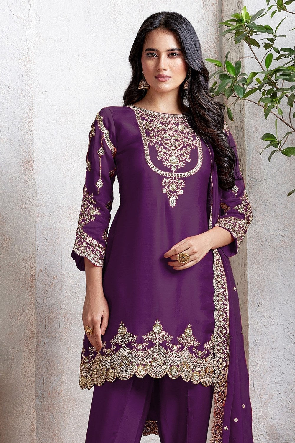 Purple Georgette Kameez With Dhoti Suit For Indian & Pakistani Wedding Festival - Thread & Sequence Embroidery - close-up view