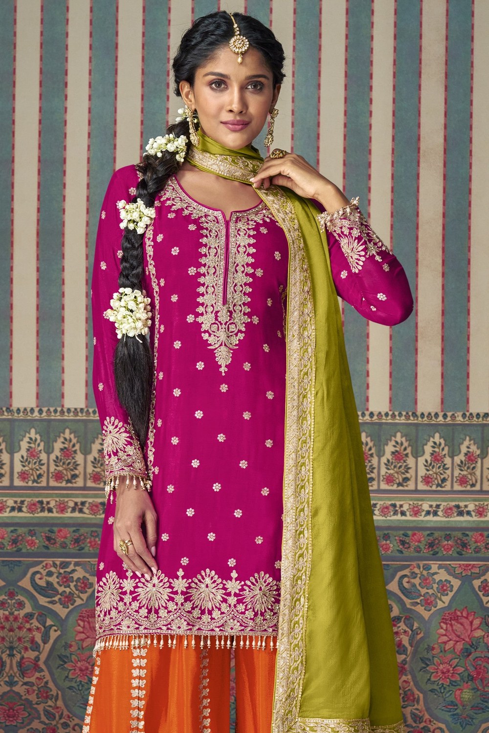 Pink Chinon Silk Plazo Suit For Indian Weddings & Pakistani Festival - Embroidery Work, Mirror Work - close-up view