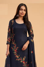Blue Georgette Kameez with Pant For Indian Festivals & Weddings - Sequence Embroidery Work, Thread Embroidery Work, Zari Work - close-up view