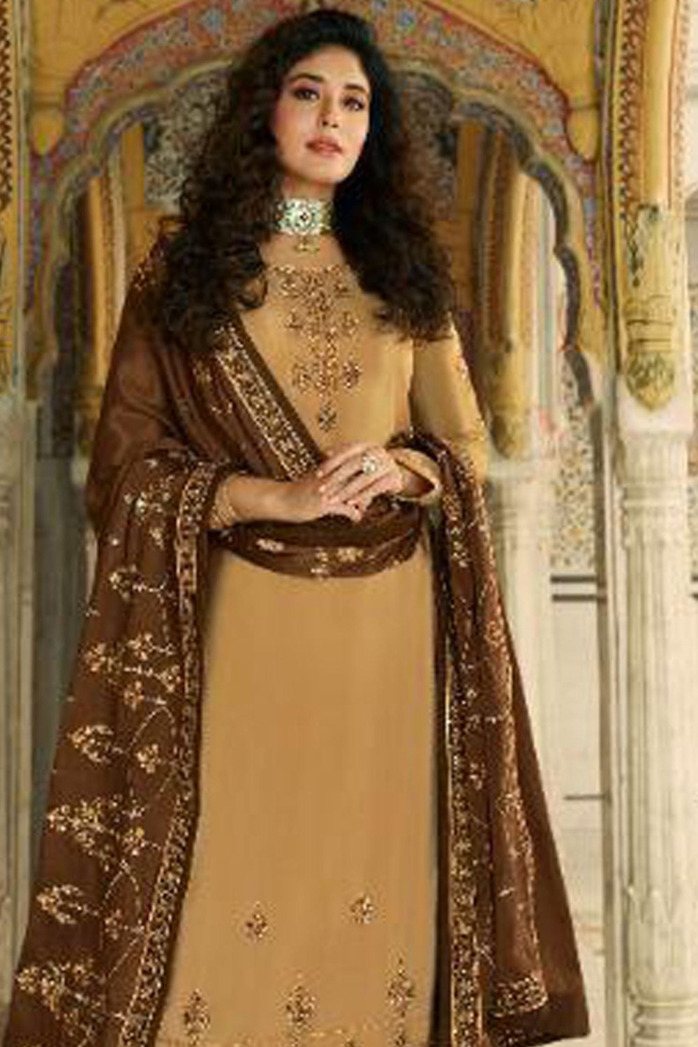 Dark Beige Satin Kameez with Plazzo Suit For Indian Festivals & Pakistani Weddings - Thread Embroidery Work, Sequence Embroidery Work - close-up view
