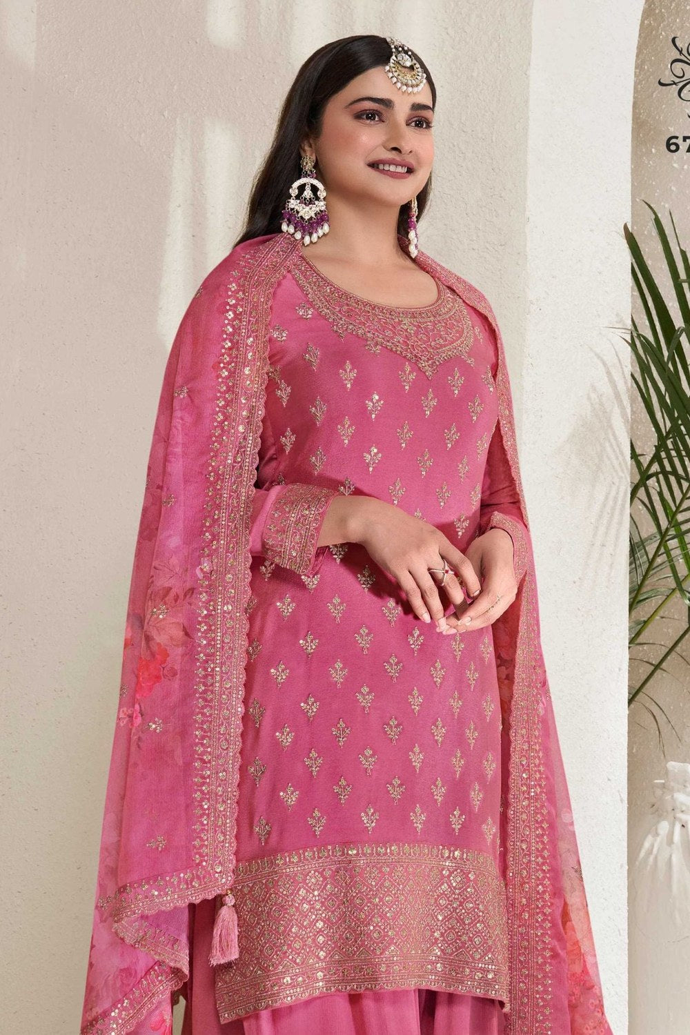 Magenta Chinon Silk Palazzo Suit For Indian Festivals & Pakistani Plazo Weddings Dress - Embroidery Work, Print Work - close-up view