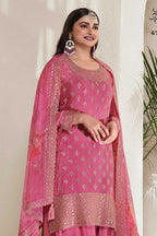 Magenta Chinon Silk Palazzo Suit For Indian Festivals & Pakistani Plazo Weddings Dress - Embroidery Work, Print Work - close-up view